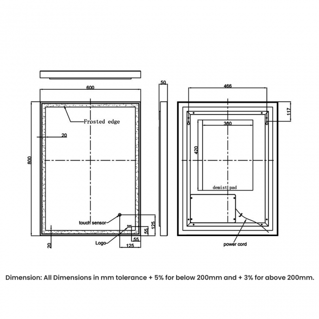 RAK Picture Square LED Illuminated Bathroom Mirror with Demister Pad 800mm H x 600mm W - Brushed Gold