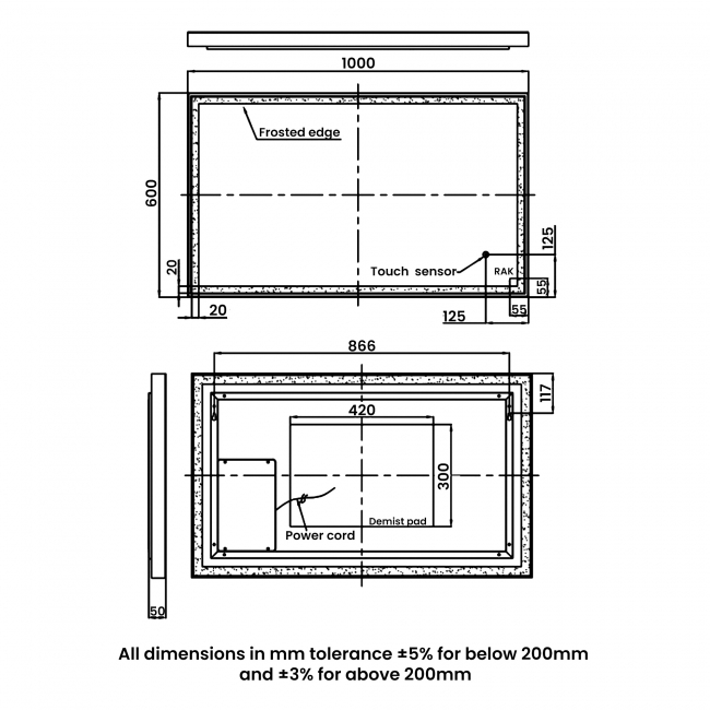 RAK Picture Square LED Illuminated Bathroom Mirror with Demister Pad 600mm H x 1000mm W - Brushed Nickel  | Dimension Image