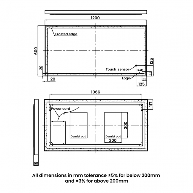RAK Picture Square LED Illuminated Bathroom Mirror with Demister Pad 600mm H x 1200mm W - Matt Black  | Dimension Image