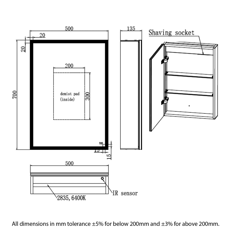 RAK Pisces 1-Door Mirrored Bathroom Cabinet 700mm H x 500mm W