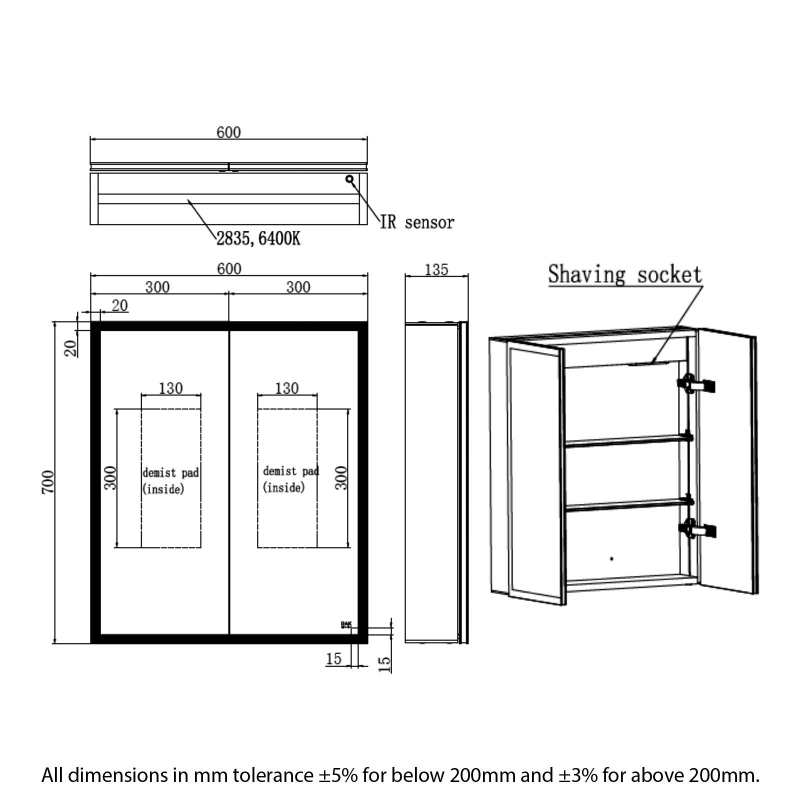 RAK Pisces 2-Door Mirrored Bathroom Cabinet 700mm H x 600mm W