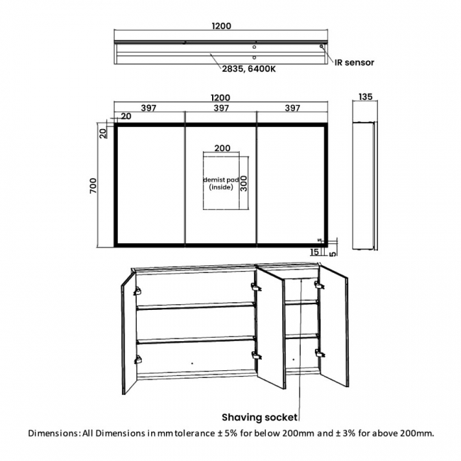 RAK Pisces 3-Door Mirrored Bathroom Cabinet 700mm H x 1200mm W