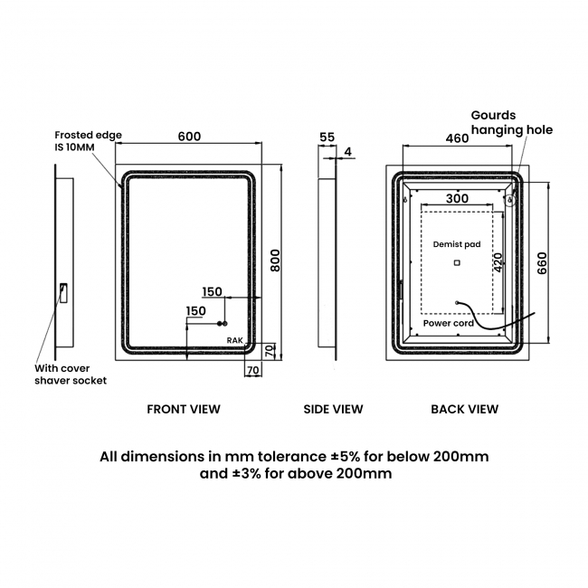 RAK Pluto LED Portrait Mirror with Switch and Demister Pad 800mm H x 600mm W Illuminated