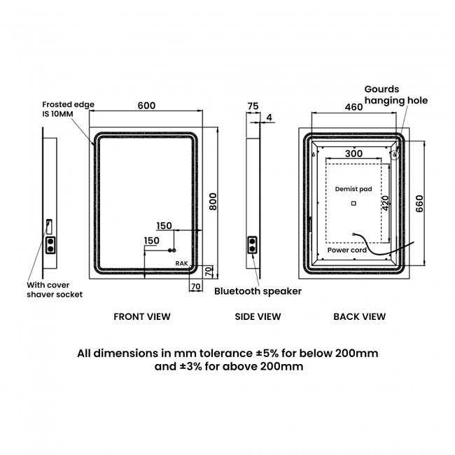 RAK Pluto LED Portrait Bluetooth Mirror with Switch and Demister Pad 800mm H x 600mm W Illuminated