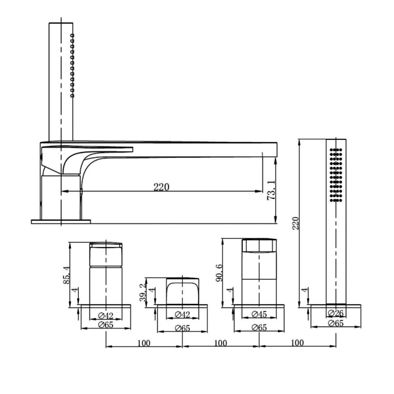 RAK Portofino 4-Hole Bath Shower Mixer Tap Pillar Mounted - Chrome