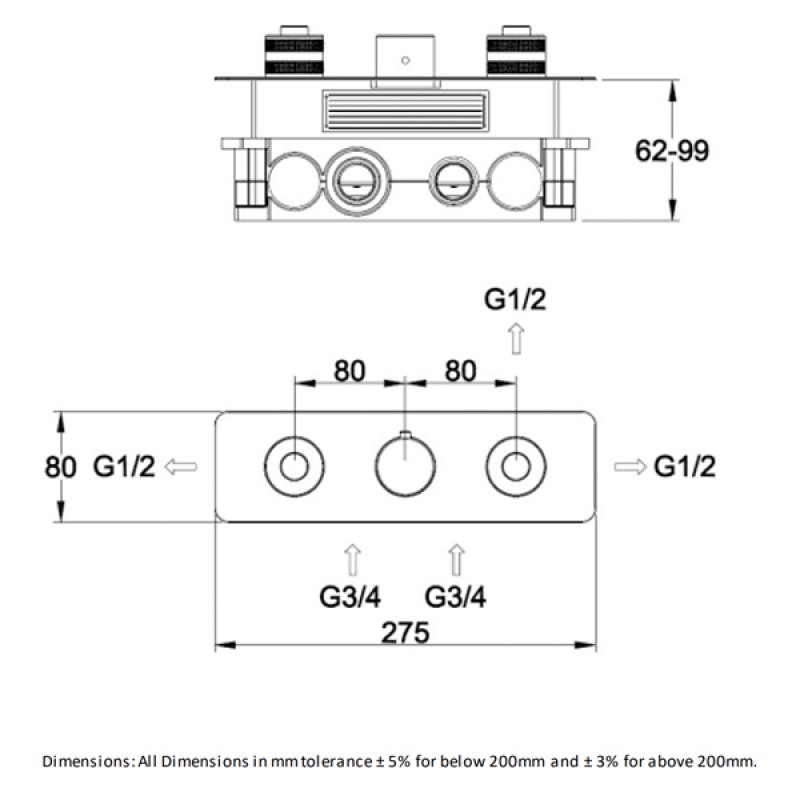 RAK Prima Tech Horizontal Thermostatic 2 Outlet Concealed Shower Valve - Chrome