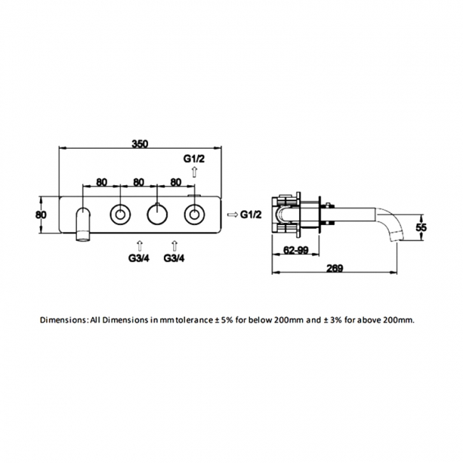 RAK Prima Tech Horizontal Thermostatic 2 Outlet Concealed Shower Valve with Bath Spout - Chrome