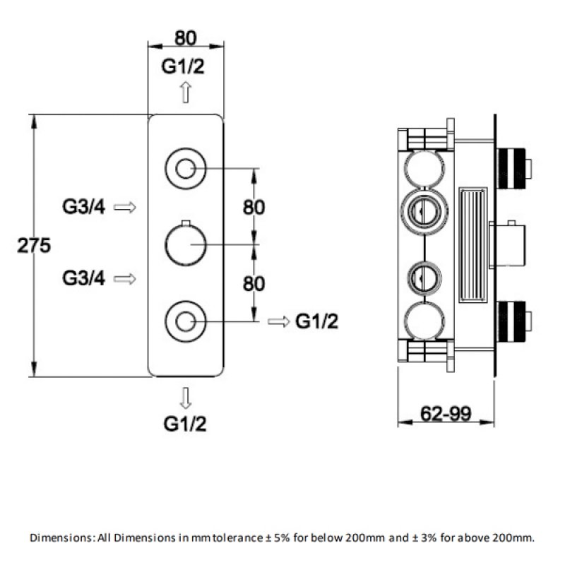 RAK Prima Tech Vertical Thermostatic 2 Outlet Concealed Shower Valve - Chrome