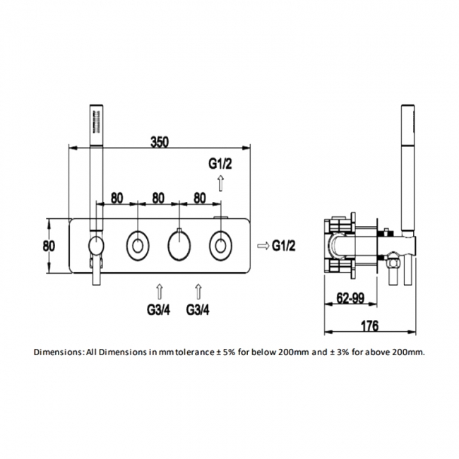 RAK Prima Tech Horizontal Thermostatic 2 Outlet Concealed Shower Valve with Shower Kit - Chrome