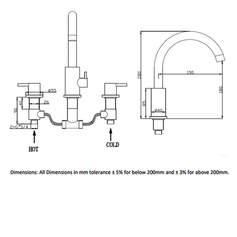 RAK Prima Tech 3-Hole Bath Filler Tap Deck Mounted - Chrome