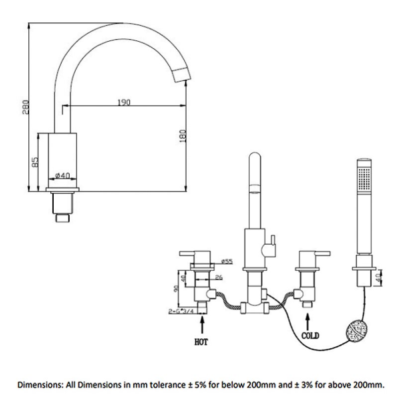 RAK Prima Tech 4-Hole Bath Shower Mixer Tap Pillar Mounted - Chrome