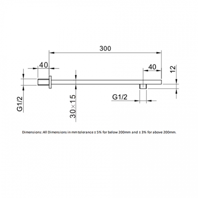 RAK Wall Mounted Square Shower Arm 300mm Length - Chrome