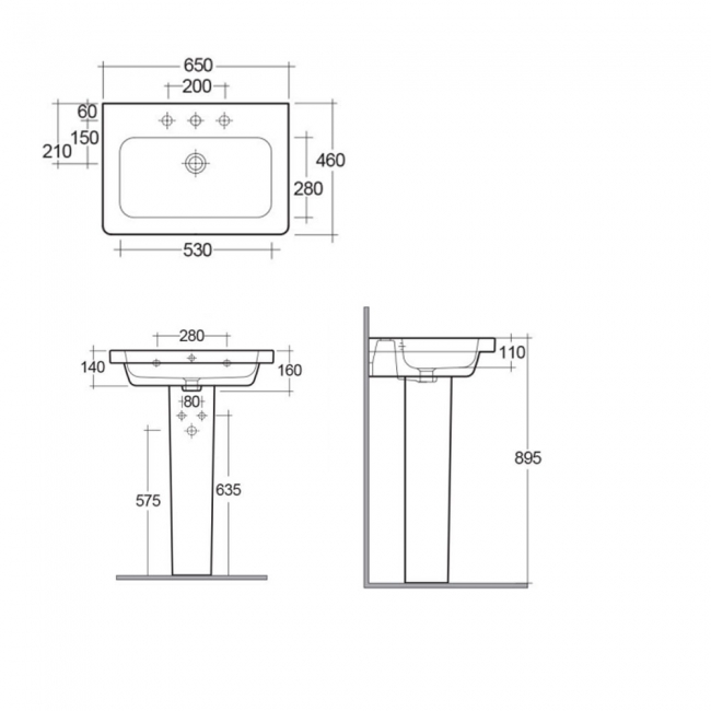 RAK Resort Wash Basin and Full Pedestal 650mm Wide - 1 Tap Hole