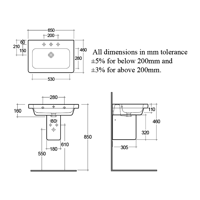 RAK Resort Wash Basin and Semi Pedestal 650mm Wide - 1 Tap Hole