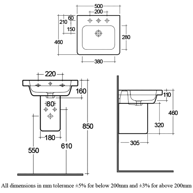 RAK Resort Wash Basin and Semi Pedestal 500mm Wide - 1 Tap Hole
