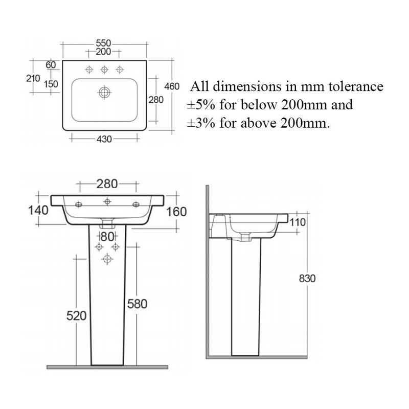 RAK Resort Wash Basin and Full Pedestal 550mm Wide - 1 Tap Hole