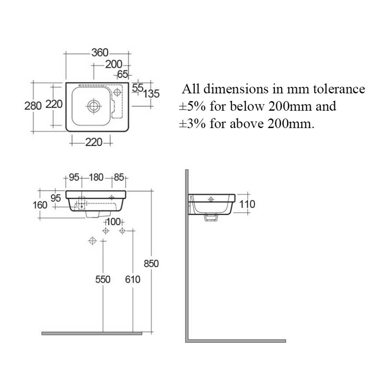 RAK Resort Right Handed Wall Hung Basin 360mm Wide - 1 Tap Hole