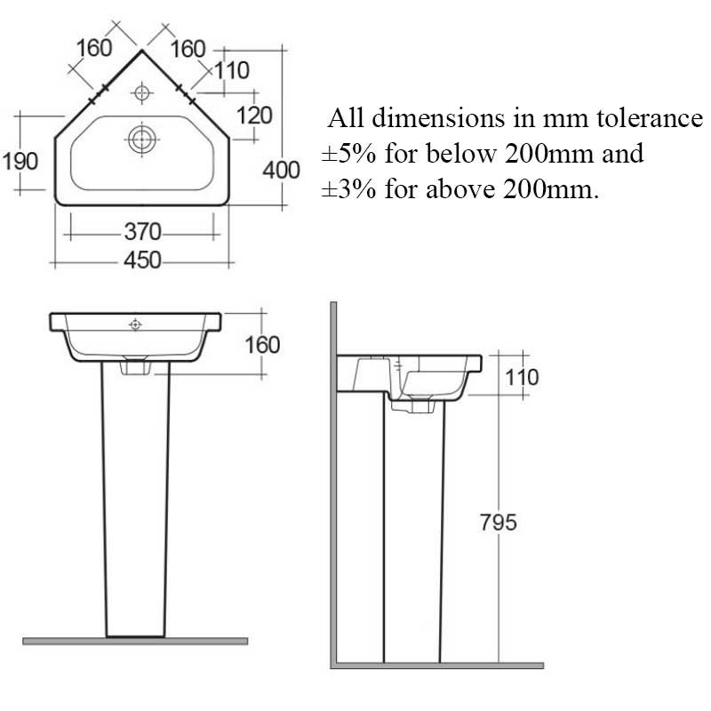 RAK Resort Corner Basin and Full Pedestal 450mm Wide - 1 Tap Hole