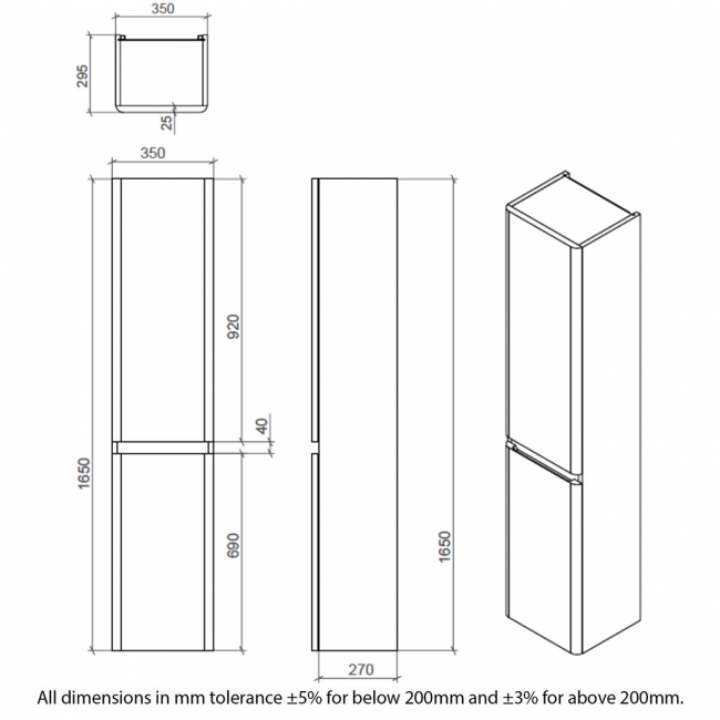 RAK Resort Wall Hung Tall Storage Unit 1650mm H x 350mm W - Matt Stone  | Dimension Image