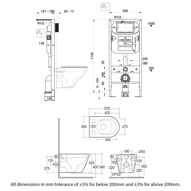 RAK Resort Rimless Wall Hung Pan with Ecofix 1140mm Toilet Frame - Slim Sandwich Soft Close Seat