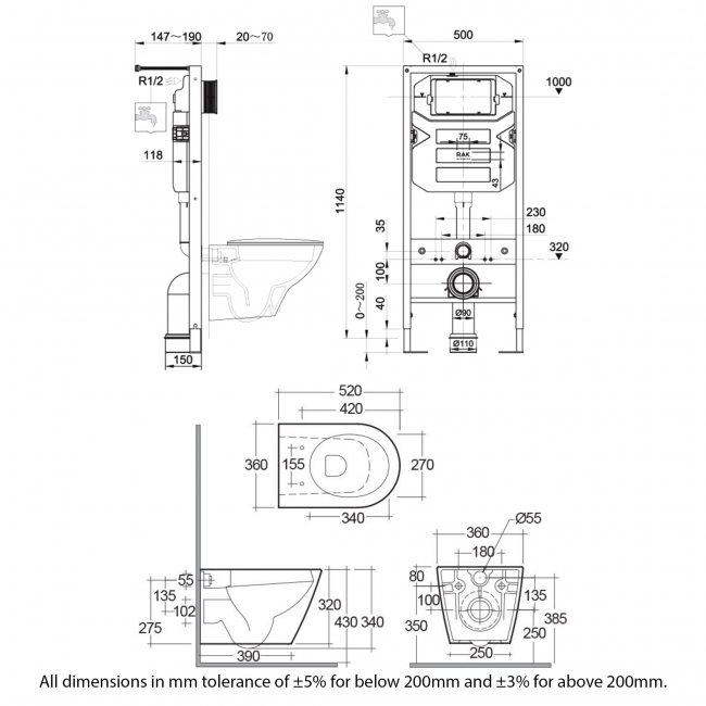 RAK Resort Rimless Hidden Fixation Wall Hung Toilet with Ecofix 1140mm Toilet Frame - Soft Close Seat