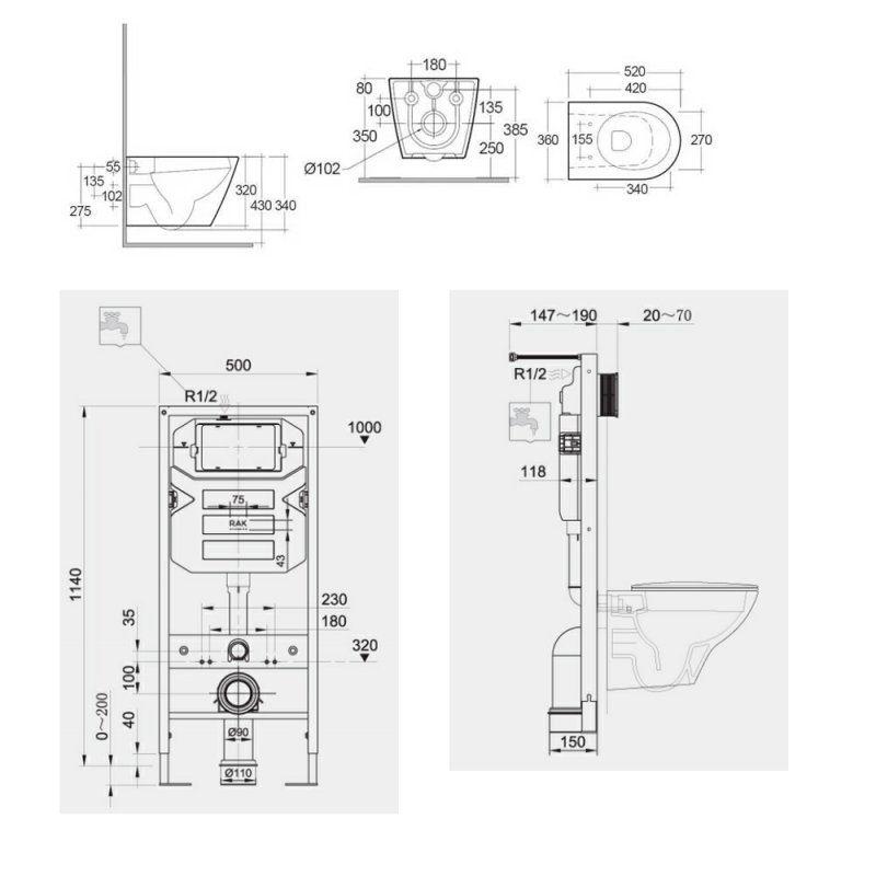 RAK Ceramics Resort Toilet FS04RAK12C+RSTWHPAN/SC Wall Hung White