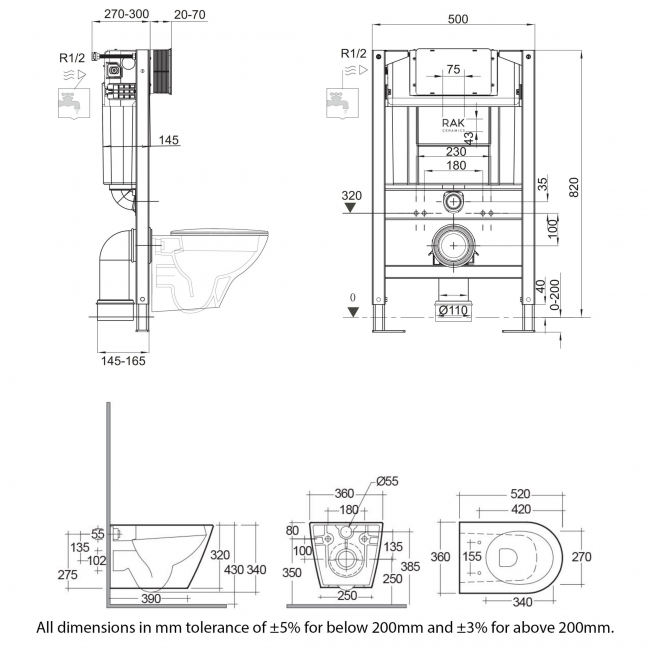 RAK Resort Rimless Hidden Fixations Wall Hung Toilet with Ecofix 820mm Toilet Frame - Soft Close Seat