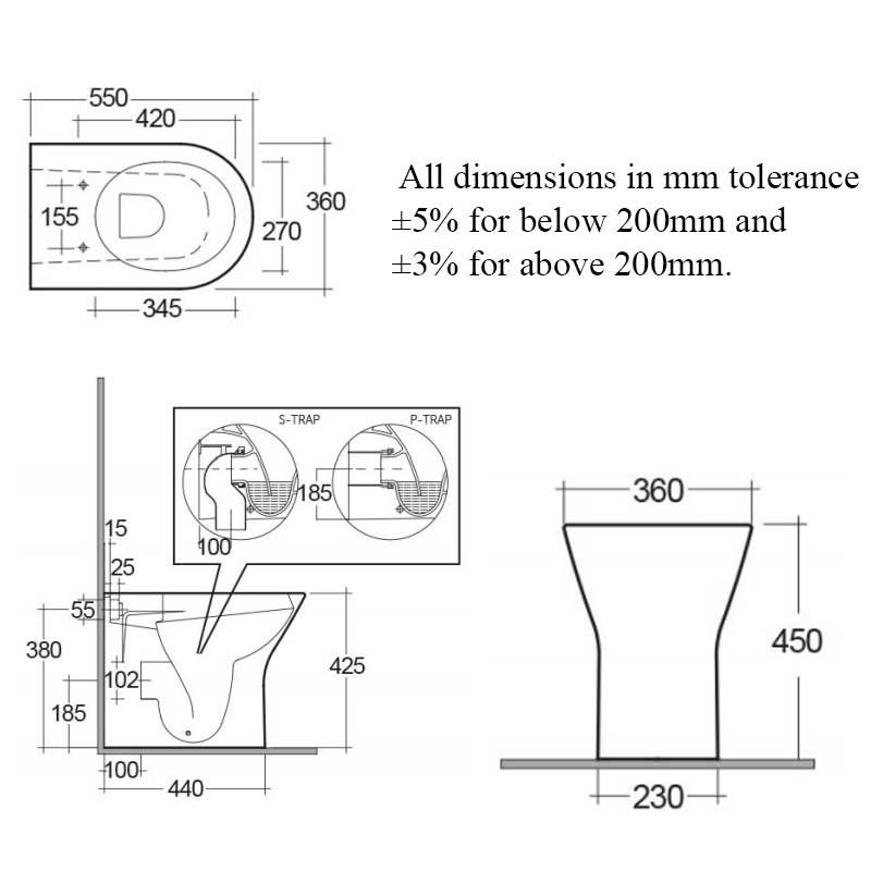 RAK Resort Rimless Back to Wall Pan Extended Height White - Excluding Seat  | Dimension Image