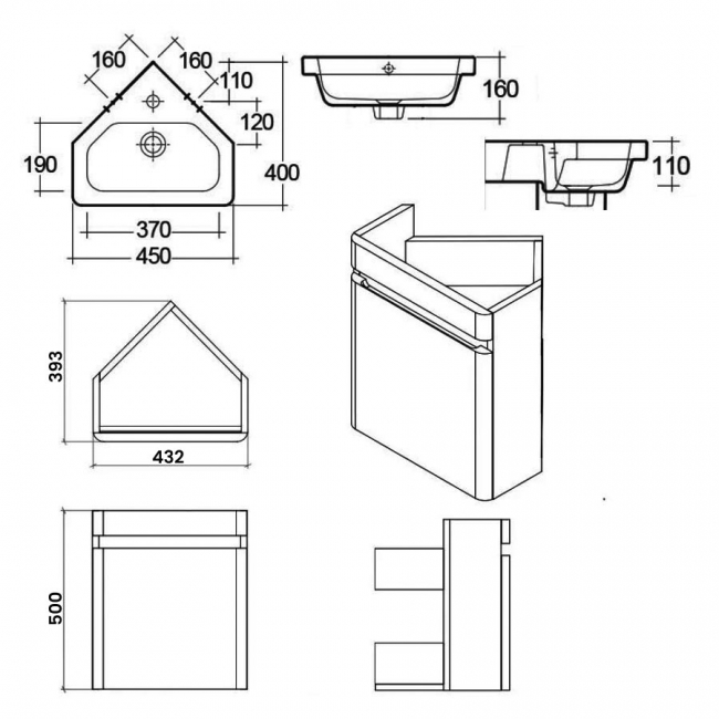 RAK Resort Wall Hung Corner Vanity Unit with Basin 450mm Wide - Matt Grey