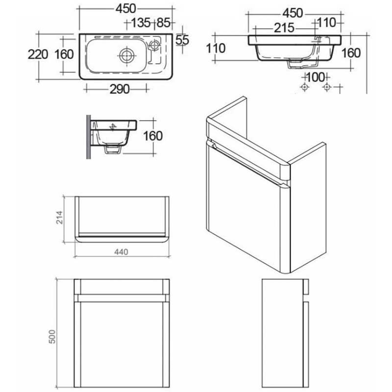 RAK Resort Wall Hung Cloakroom Vanity Unit with RH Basin 450mm Wide - Matt Denim Blue