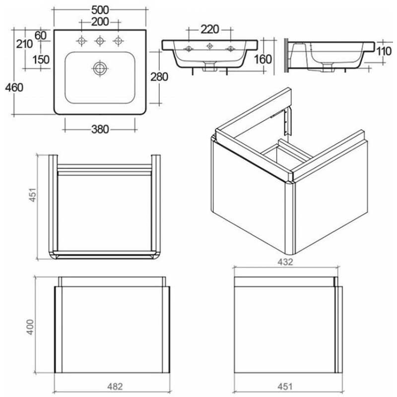 RAK Resort Wall Hung 1-Drawer Vanity Unit with Basin 500mm Wide - Matt White  | Dimension Image