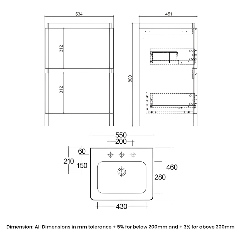 RAK Resort Floor Standing 2-Drawer Vanity Unit with Basin 550mm Wide - Matt Denim Blue  | Dimension Image
