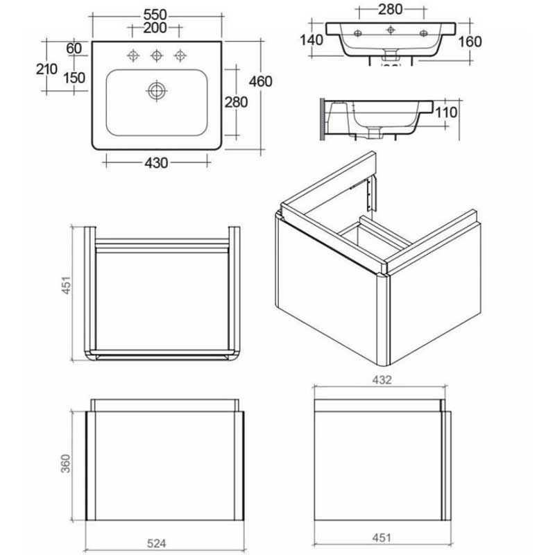 RAK Resort Wall Hung 1-Drawer Vanity Unit with Basin 550mm Wide - Matt White  | Dimension Image