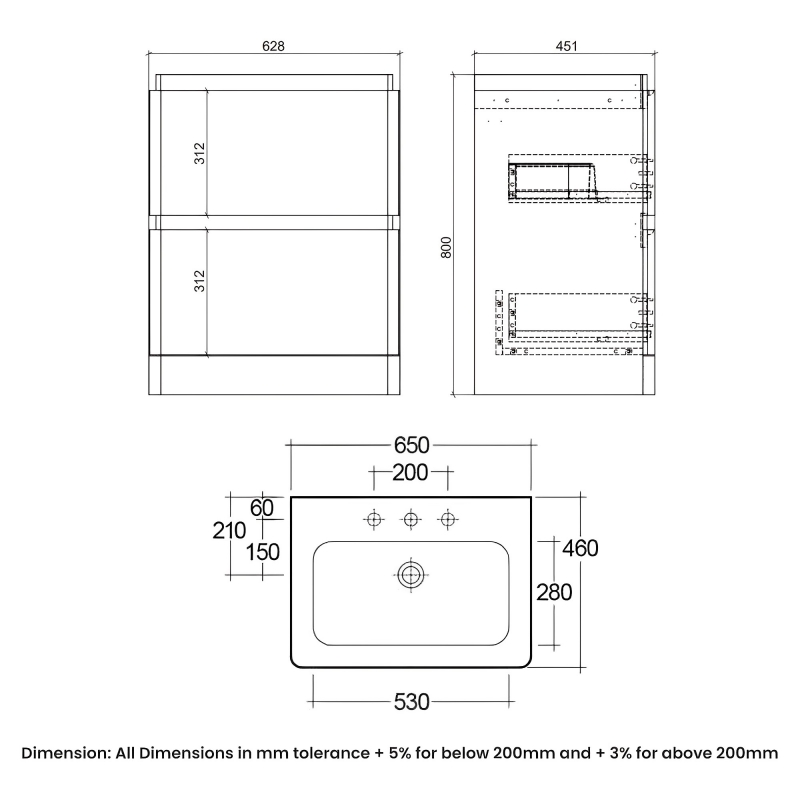 RAK Resort Floor Standing 2-Drawer Vanity Unit with Basin 650mm Wide - Matt White  | Dimension Image