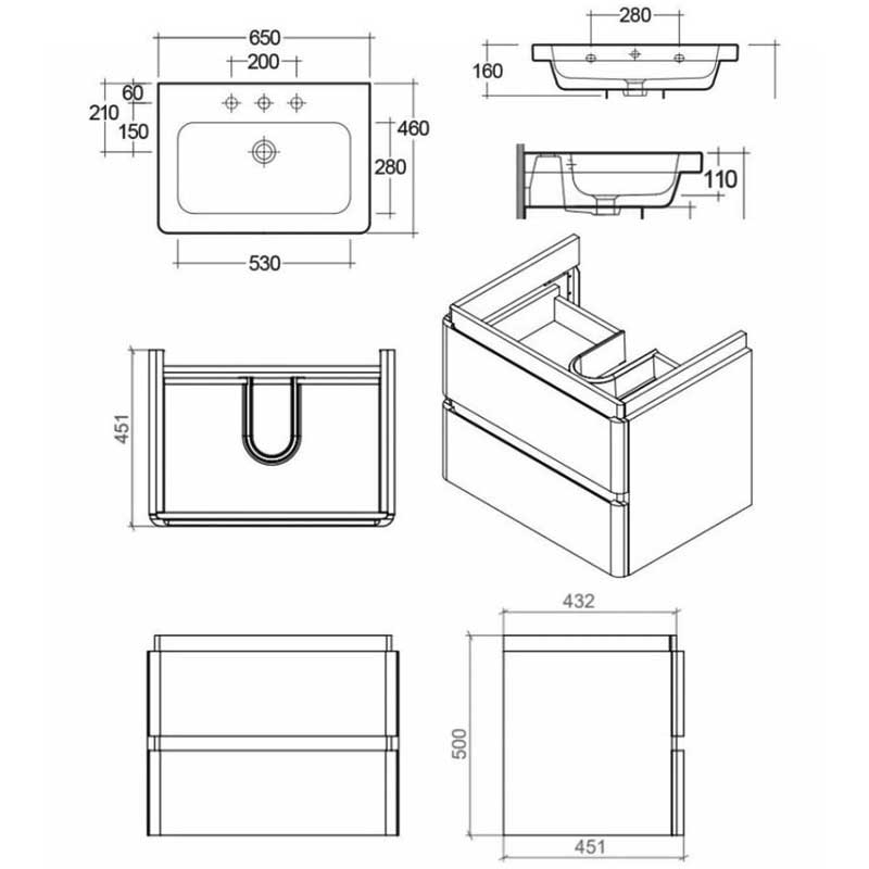 RAK Resort Wall Hung 2-Drawer Vanity Unit with Basin 650mm Wide - Matt White  | Dimension Image