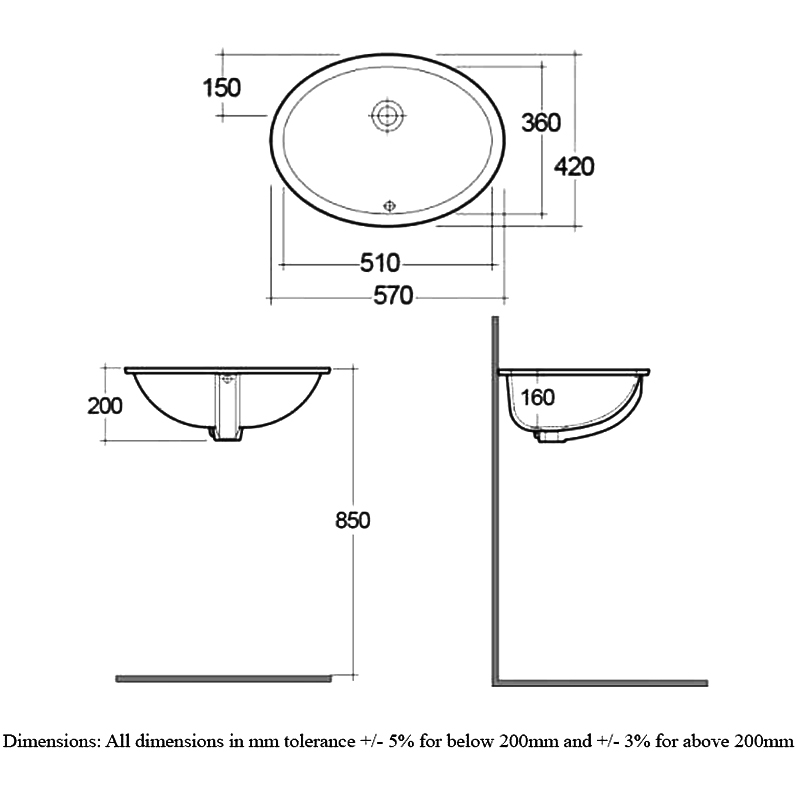 RAK Rosa Inset Undermount Countertop Basin 570mm Wide - 0 Tap Hole