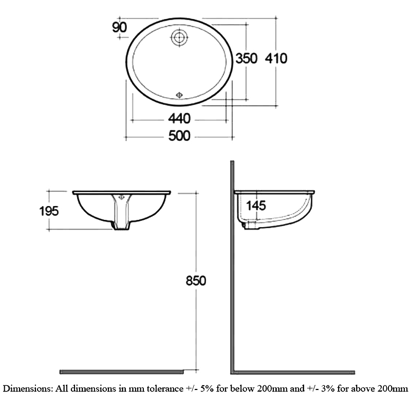 RAK Rosa Undermount Countertop Basin 500mm Wide - 0 Tap Hole