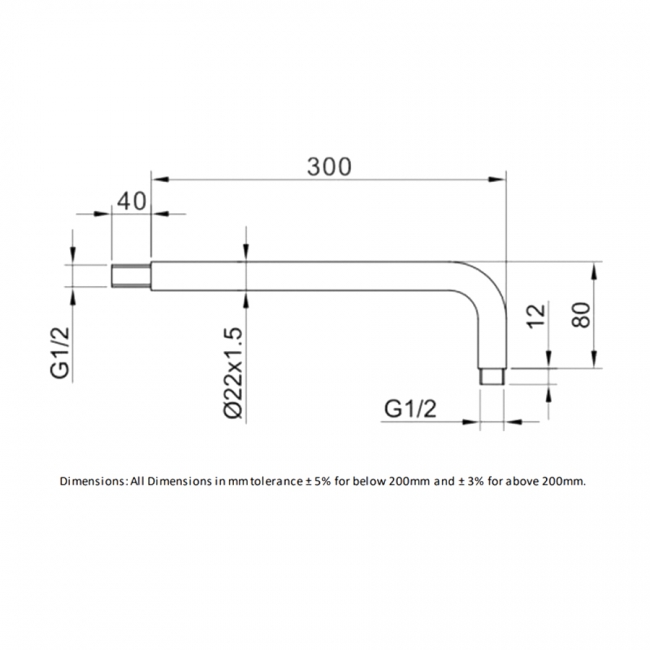 RAK Wall Mounted Round Shower Arm 300mm Length - Chrome