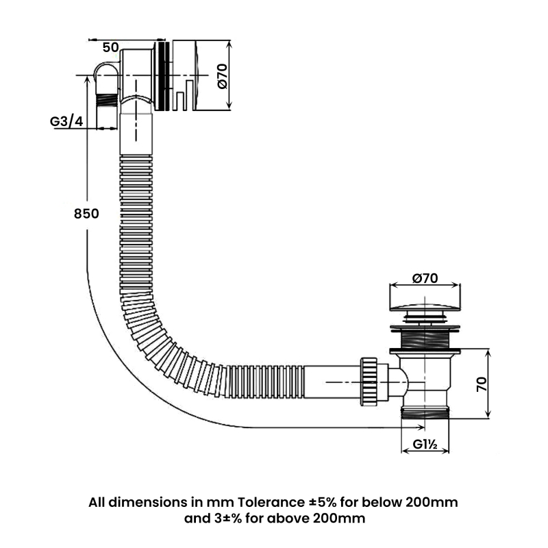RAK Round Freeflow Overflow Bath Filler with Click Clack Waste - Black