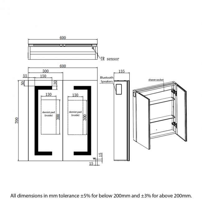 RAK Sagittarius 2-Door Mirrored Bathroom Cabinet 700mm H x 600mm W