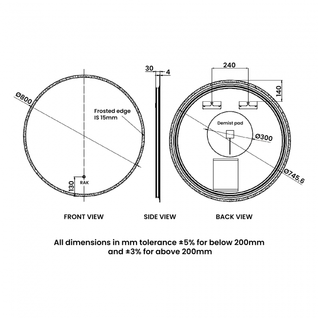 RAK Scorpio LED Round Mirror with Switch and Demister Pad 800mm H x 800mm W Illuminated