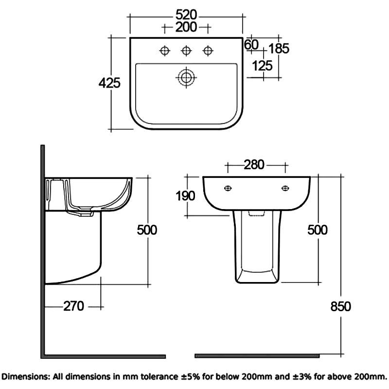 RAK Series 600 Basin and Semi Pedestal 520mm Wide - 1 Tap Hole