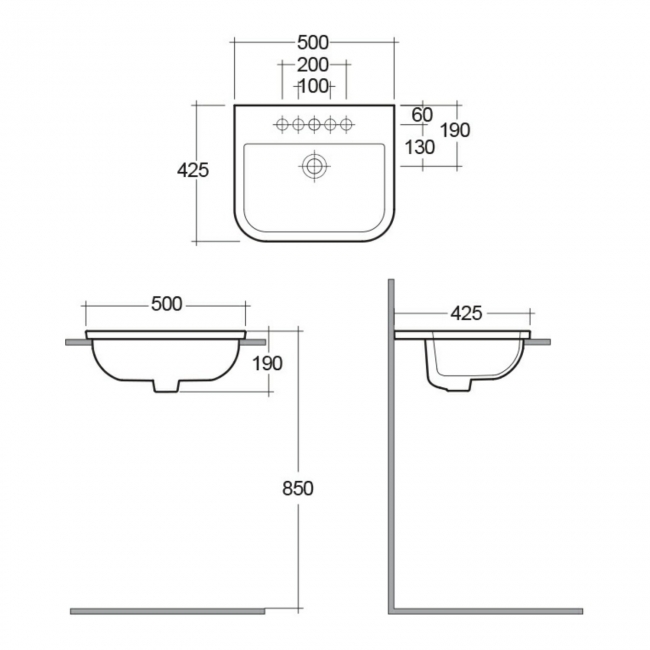 RAK Series 600 Inset Vanity Basin 500mm Wide - 2 Tap Hole