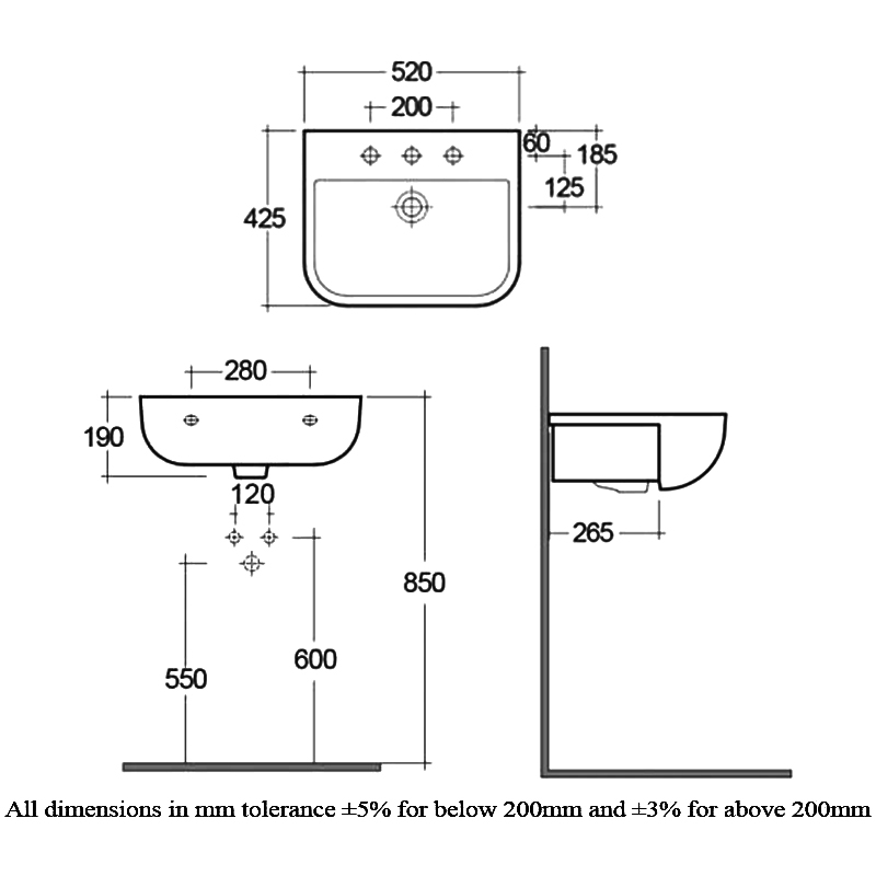 RAK Series 600 Semi-Recessed Basin 520mm Wide - 1 Tap Hole