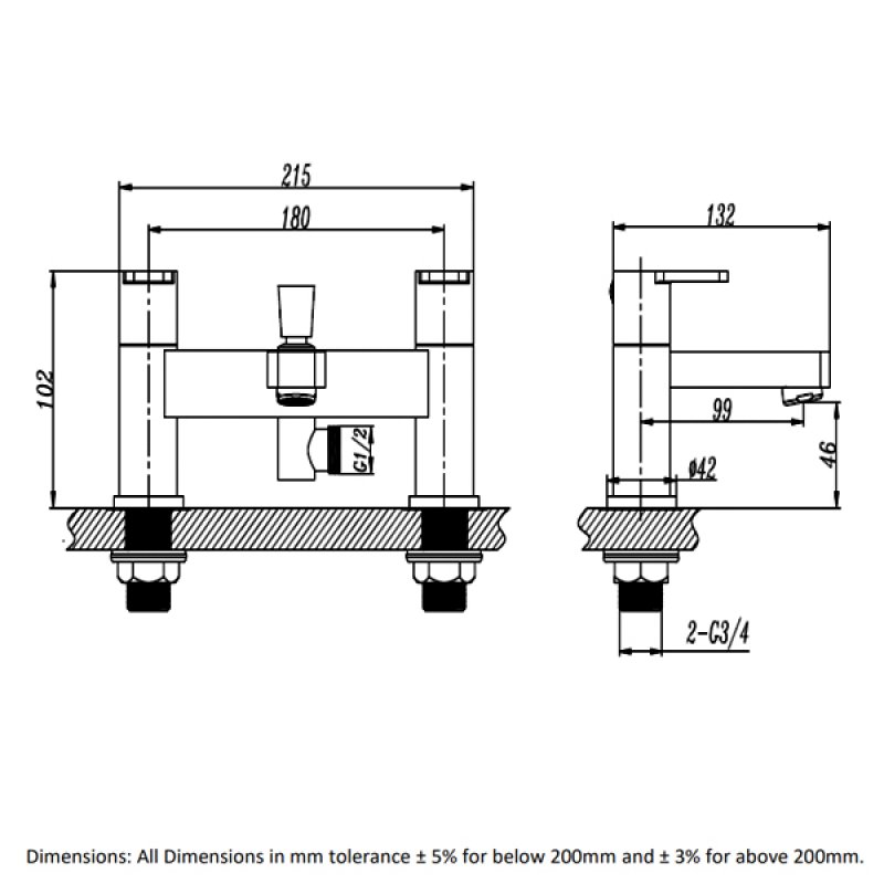 RAK Series 600 Bath Shower Mixer with Shower Head and Holder - Chrome  | Dimension Image