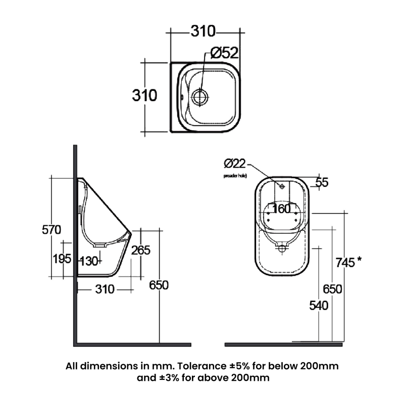RAK Series 600 Wall Hung Urinal 310mm Wide - Alpine White