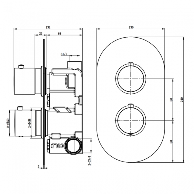 RAK Thermostatic Round 1 Outlet Concealed Shower Valve Dual Handle - Chrome