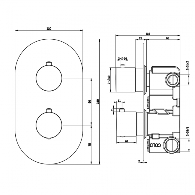 RAK Thermostatic Round 2 Outlet Concealed Shower Valve Dual Handle - Black