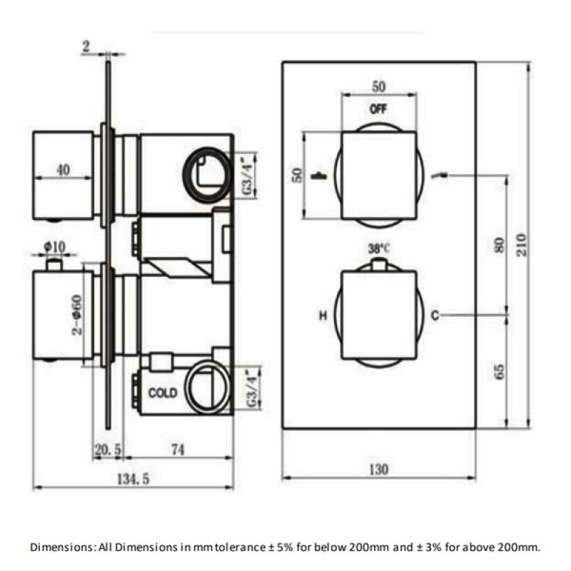 RAK Thermostatic Square 2 Outlet Concealed Shower Valve Dual Handle - Chrome