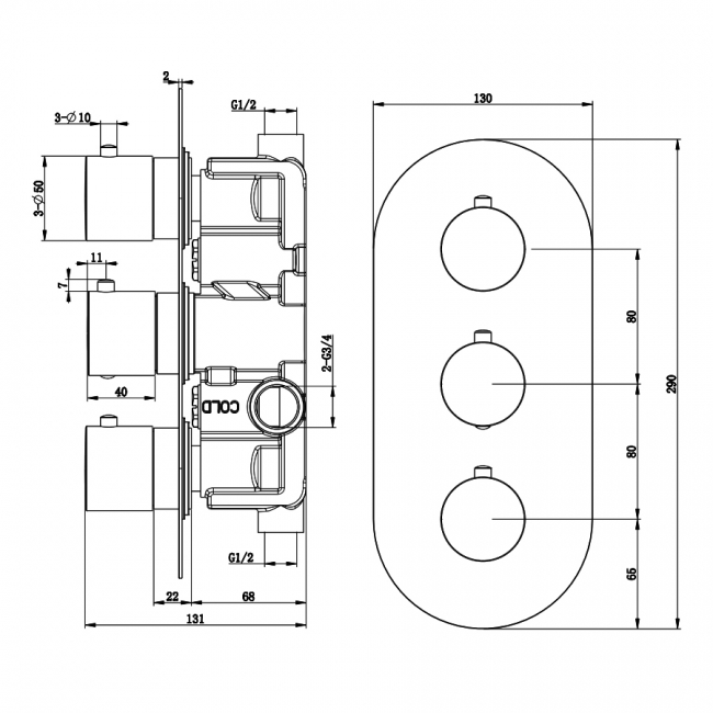 RAK Thermostatic Round 3 Outlet Concealed Shower Valve Triple Handle - Chrome
